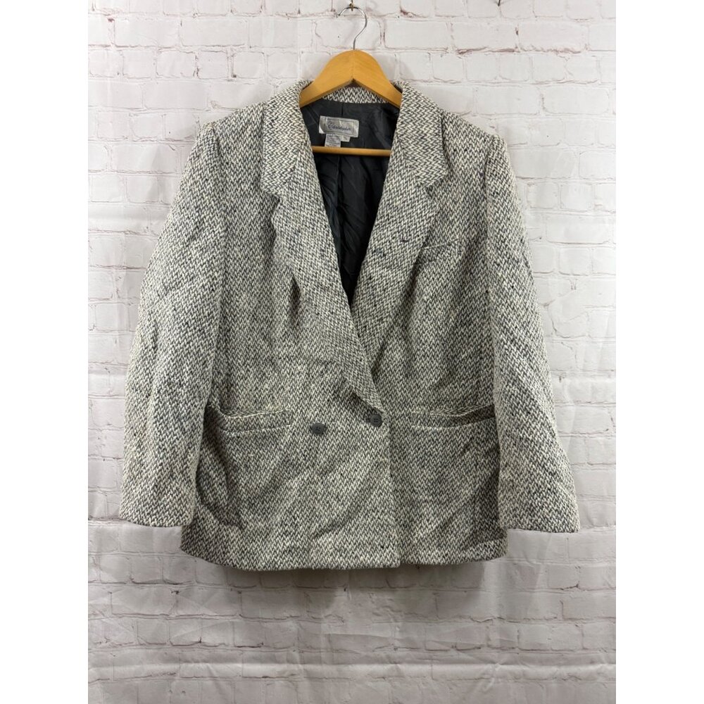 Christopher Wool Tweed Blazer Womens Size 13/14 Gray Blue Ivory Vintage -(READ)